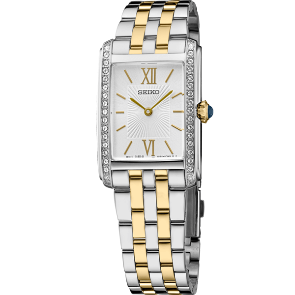 Seiko Essentials SWR093 Rectangular Two-Tone Crystal Accent Women’s Watch