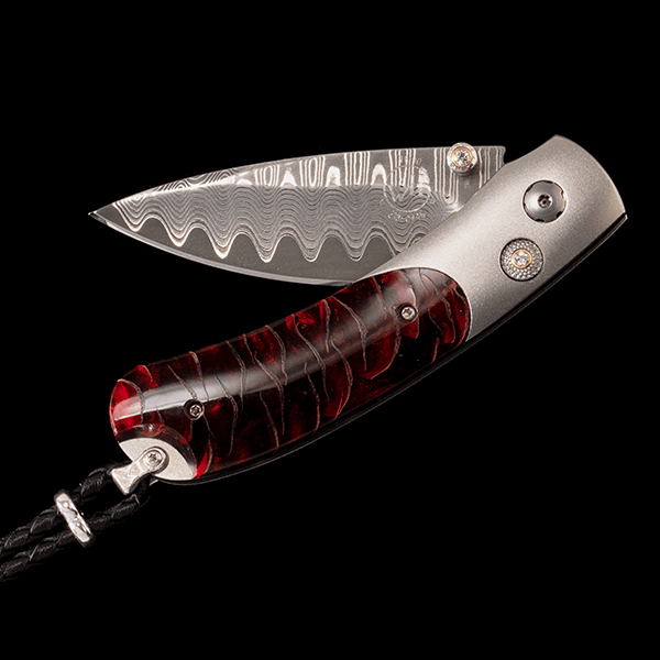 William Henry Kestrel B09 Red Wave – Limited Edition Damascus Knife with Pine Cone Inlay