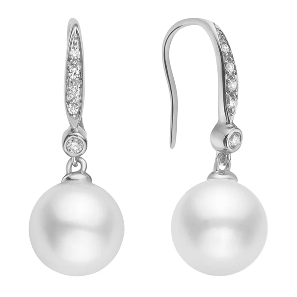 Elegant 14K White Gold Freshwater Pearl Drop Earrings with 10 Round Brilliant Diamonds