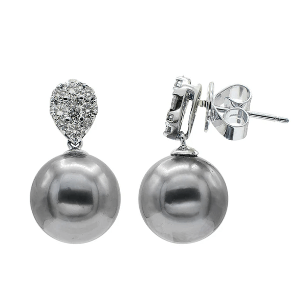 Elegant 18K White Gold Tahitian Pearl Drop Earrings with Diamond Accents
