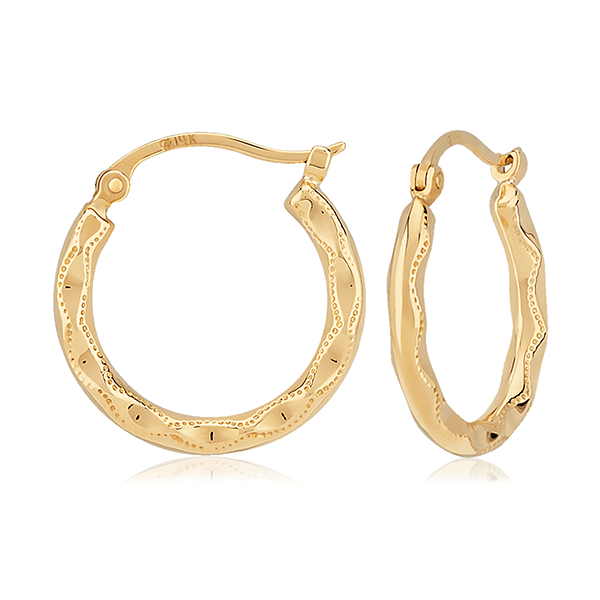 Small Fancy Hoop Earrings in 14K Yellow Gold – Snap Down Wire Closure