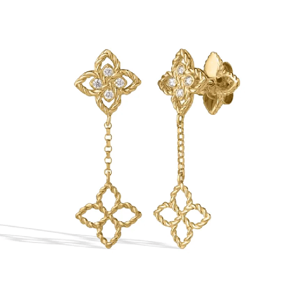 Roberto Coin Love in Verona Tiny Diamond Flower Drop Earrings in 18K Yellow Gold